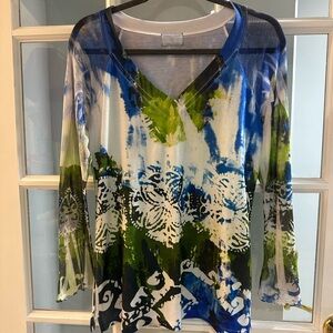 Claire Pettibone Bleu Claire Lounge Top Shirt Artsy Sheer Sleeves Tattoo Size L